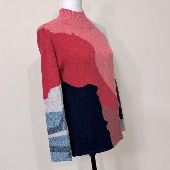 NEW NIC + ZOE Fall Color Blocks Mock Neck Long Sleeve Pullover Sweater Top S/M - Picture 2 of 16